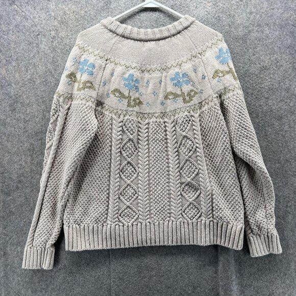 LL Bean Signature Sweater Womens XL Beige Floral Cable Knit Cotton Pullover - Picture 2 of 13
